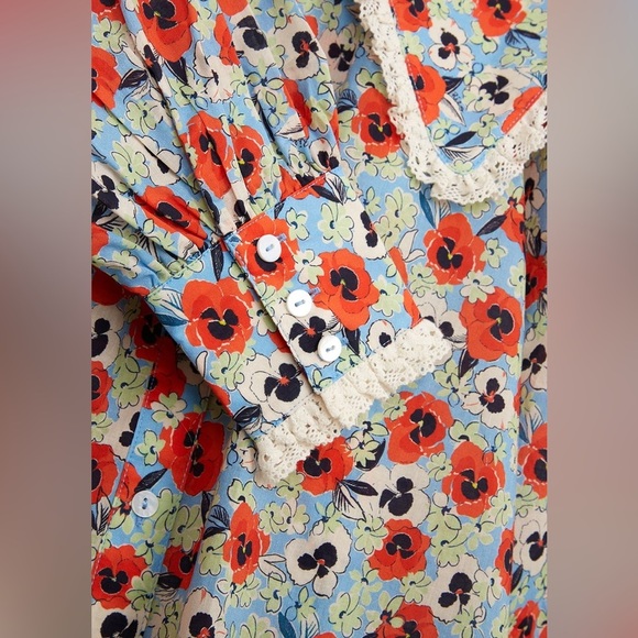 Rixo Misha Floral Print Cotton Blouse Blue Multicolor Peter Pan Collar Small - Picture 11 of 12